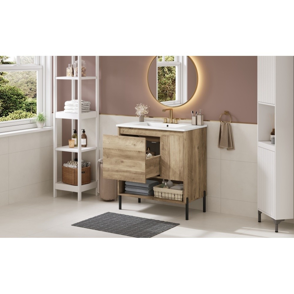 Wooden Bathroom Cabinet Sliding Drawers Ceramic Basin Countertop Open Shelving