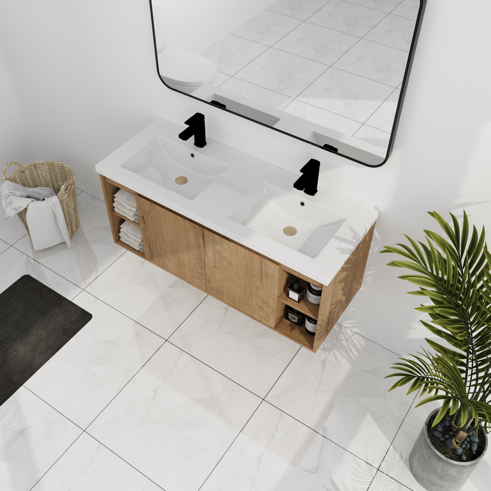 48inch Wood Wall Mounted Foating Bathroom Vanity W/ Double Sink +Shelf and Doors