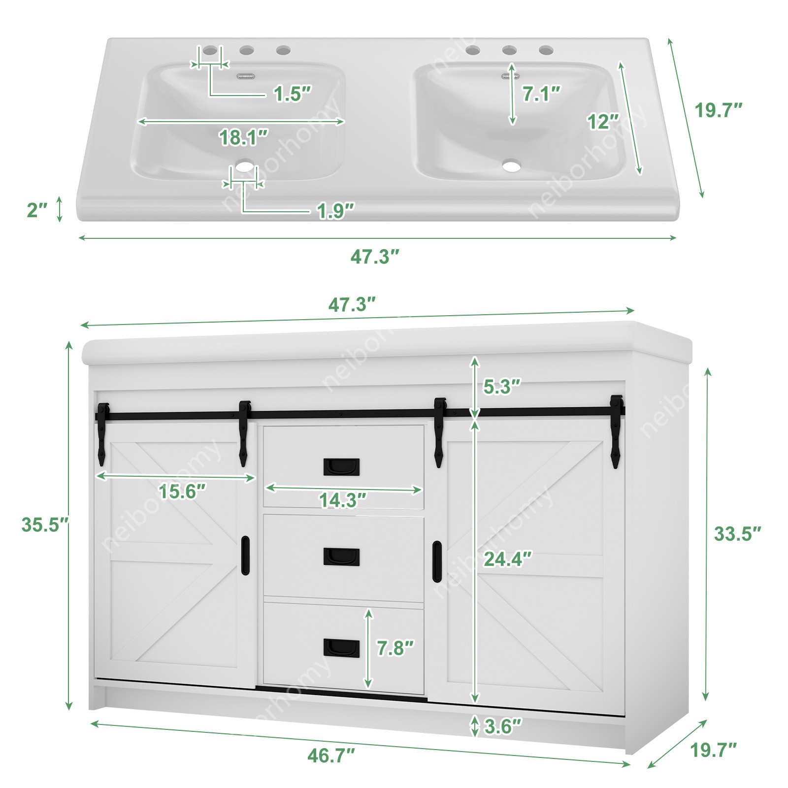 47” Bathroom Vanity with Double Sink Freestanding Bathroom Vanity w/ 3 Drawers