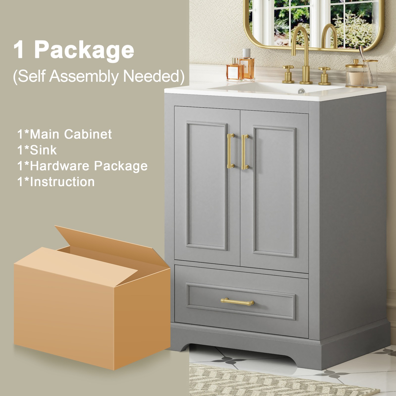 Modern 24″ Bathroom Vanity with Sink, MDF Cabinet & Solid Wood Frame Gray