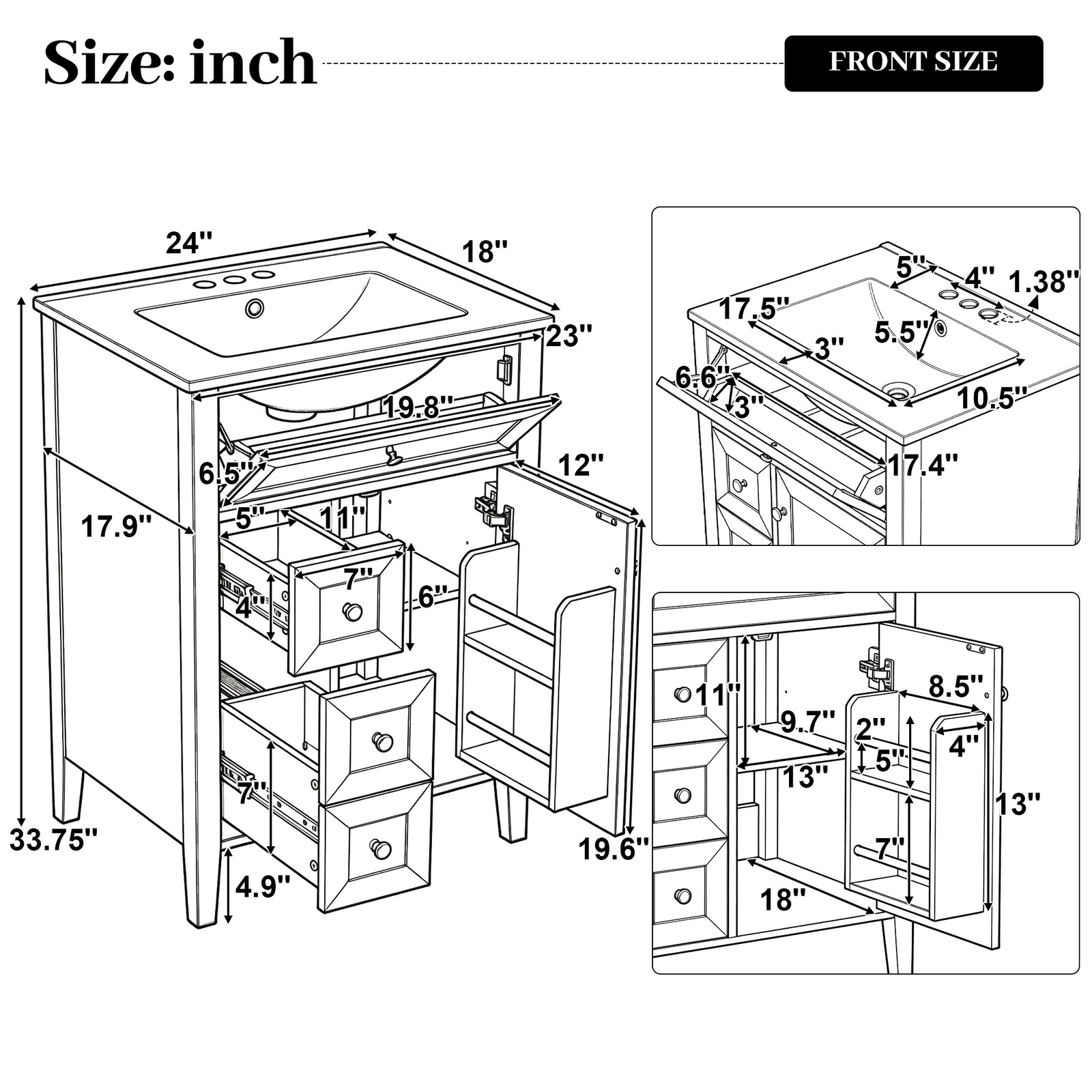 24″ Light Green Bathroom Vanity with Ceramic Sink and Storage Drawers