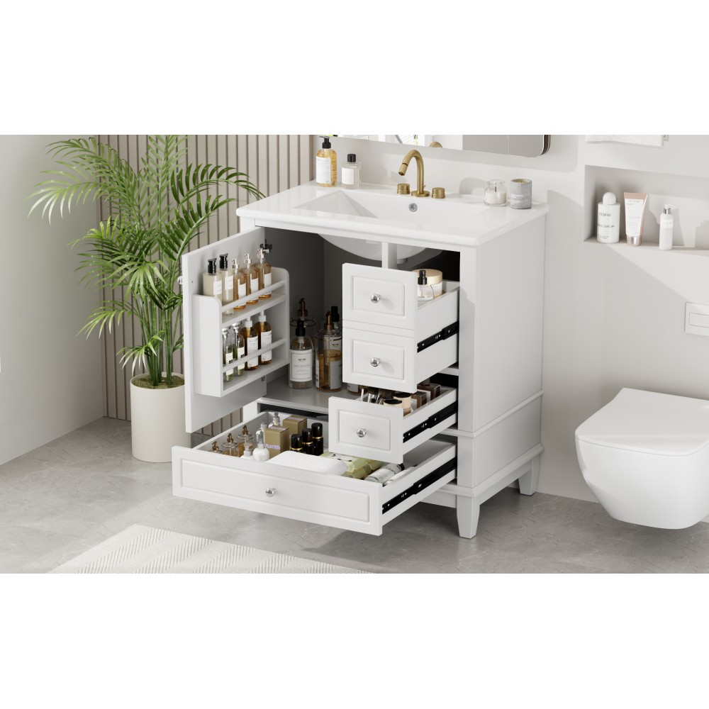 30″ Bathroom Vanity with Sink, One Door with Shelf and Three Drawers