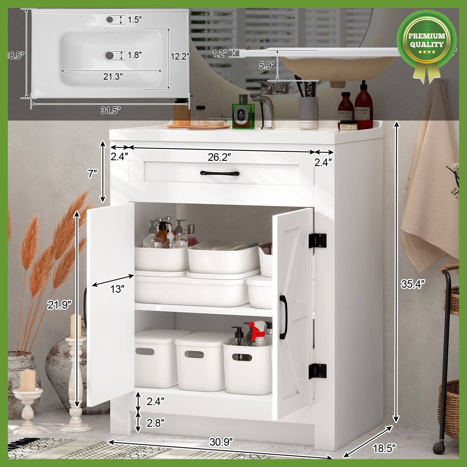 31” White Wood Bathroom Vanity Combo with Drop in Ceramic Sink Storage Cabinet