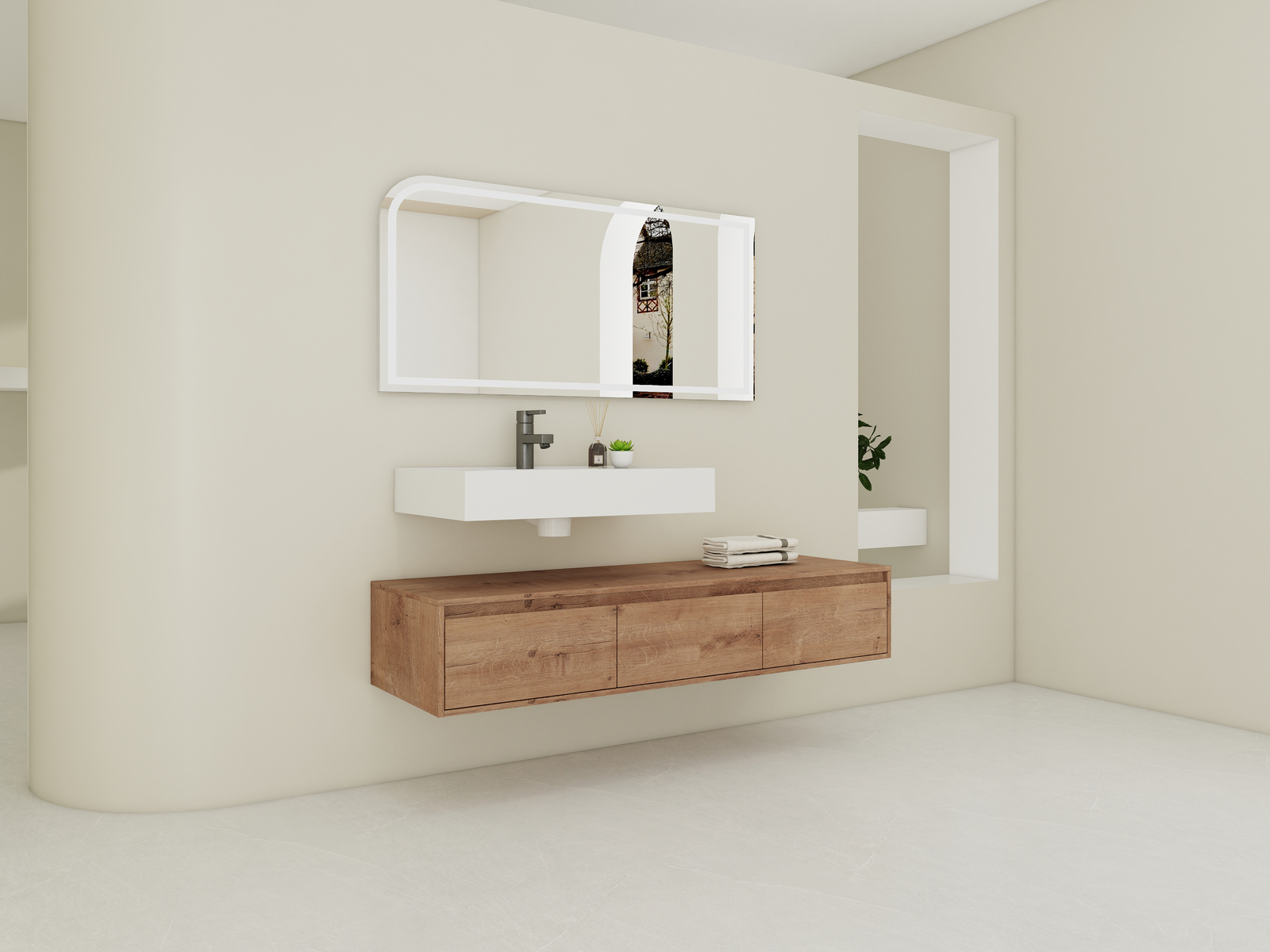 60″ Wood Wall Mount Bathroom Vanity Resin Sink Floating Vanity Sink Vessel Sink