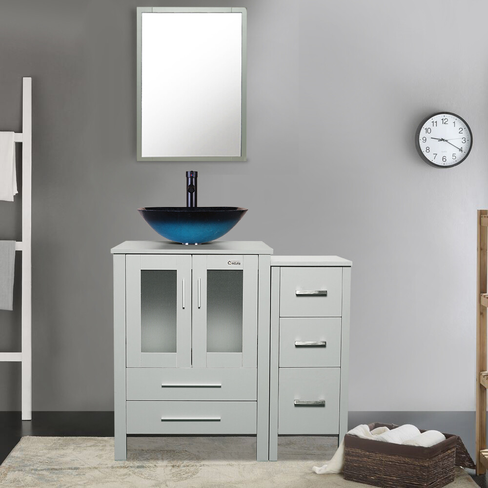 36″ Bathroom Vanity Set Side Cabinet Vessel Glass/Ceramic Sink Gray No Mirror