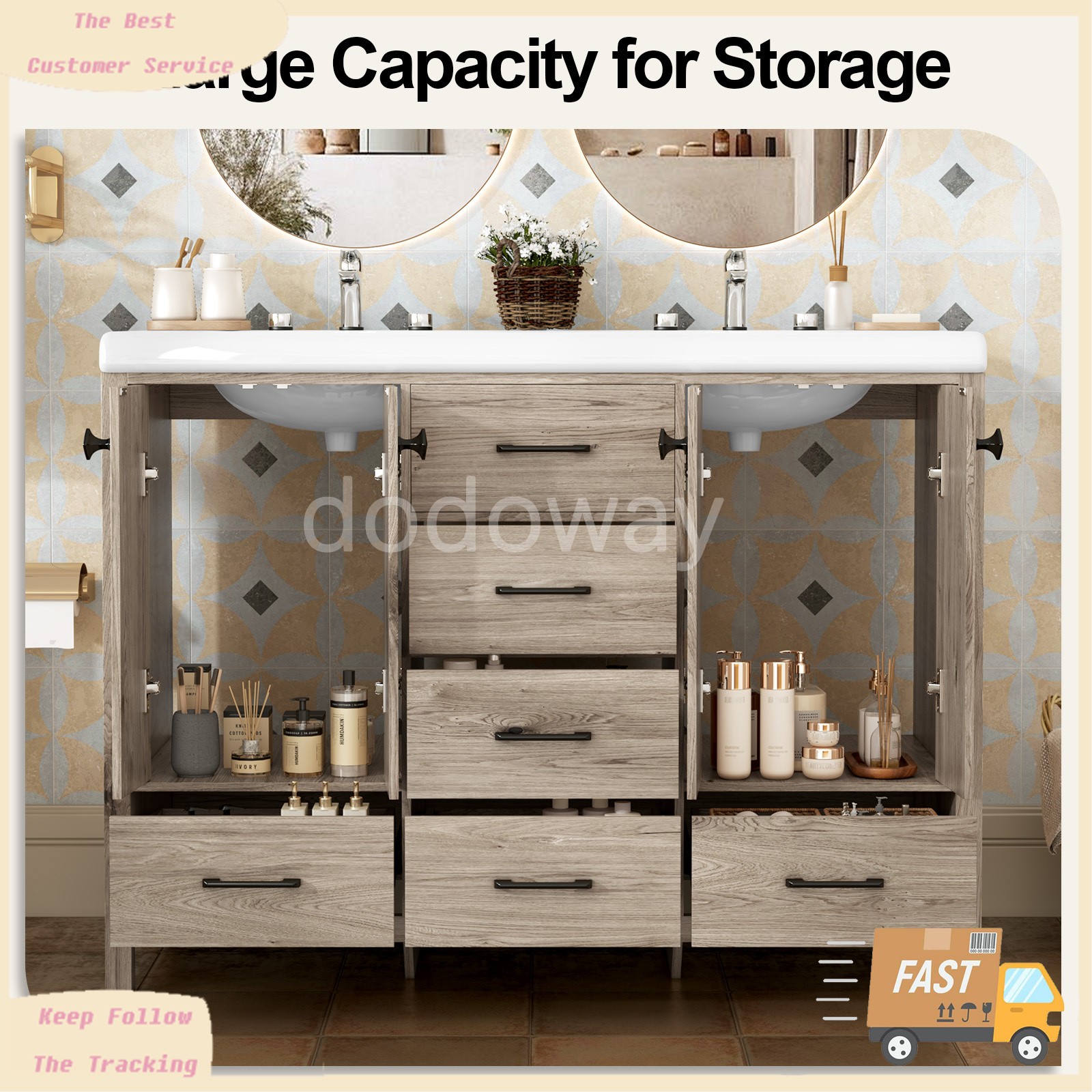 47″ Bathroom Vanity with Ceramic Sink Freestanding Storage Cabinet w/ 6 Drawers