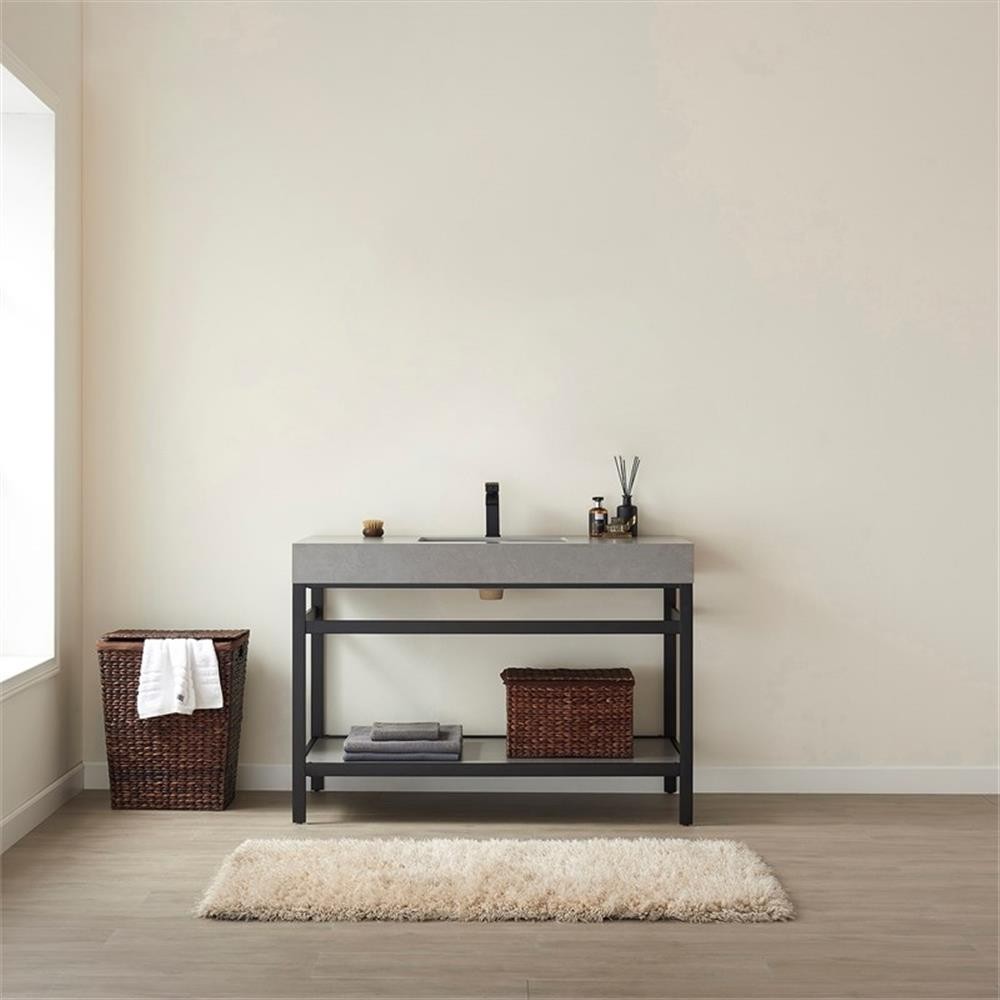 Funes 48″ Single Sink Bathroom Vanity in Matte Black Frame Gray Top No Mirror