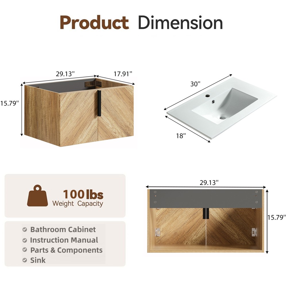 30″ Wall Mount Bathroom Vanity w/ Integrated Sink & 3D Fluted Panel