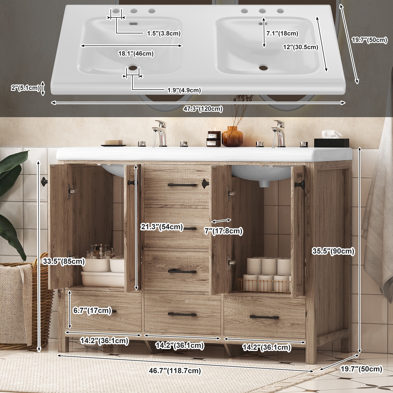 47” Bathroom Vanity w/Ceramic Sink Combo Freestanding Vanity Set with 6 Drawers