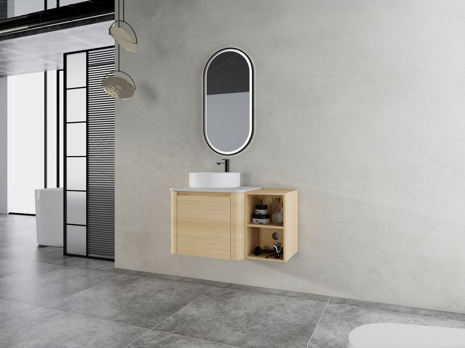 36in Plywood Floating Bathroom Vanity W/White Ceramic Basin Sink Storage Shelves