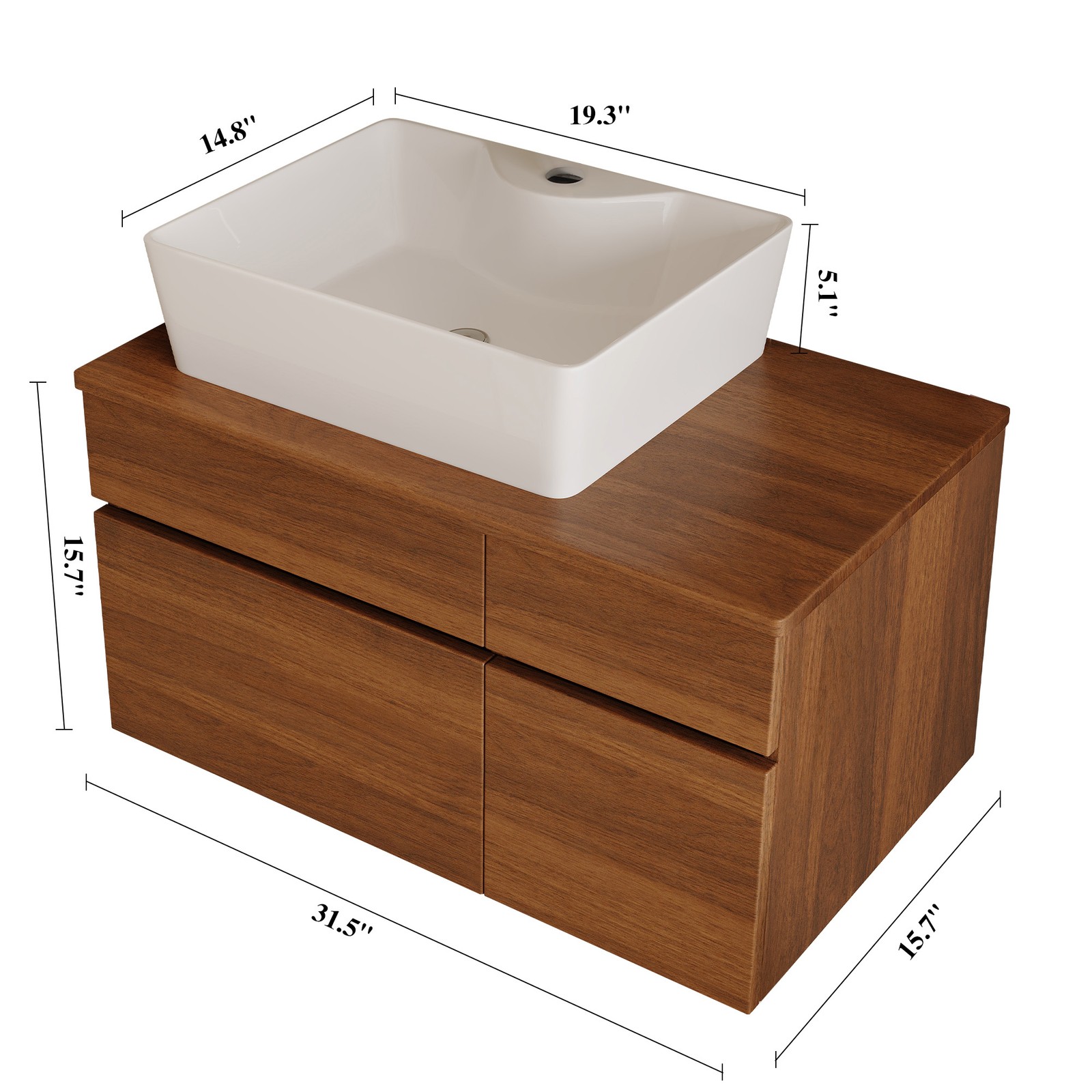 31.5In Plywood Walnut Floating Wall-Mounted Cabinet Vanity Ceramic Sink Bathroom