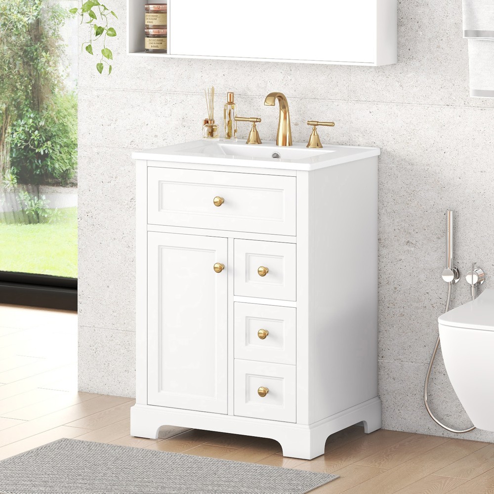 24 in White Bathroom Vanity with Sink MDF & Pinewood Construction 3 Drawers