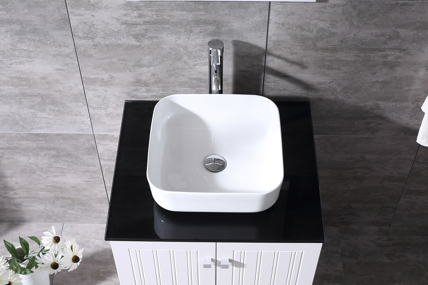 24″ Bathroom Single Vanity PVC Cabinet Basin Ceramic Sink Faucet w/ Mirror Set