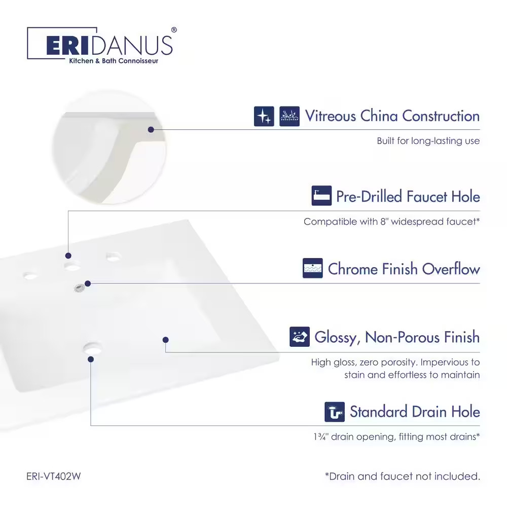 Tucson 24 In. W X 18 In. D Vitreous China Vanity Top in White with 3-Faucet Hole