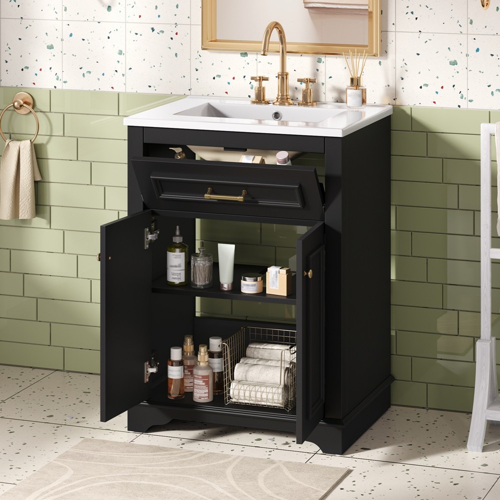 24″ Bathroom Vanity with Sink, Freestanding Bath Vanity Cabinet, Tip-Out Drawer