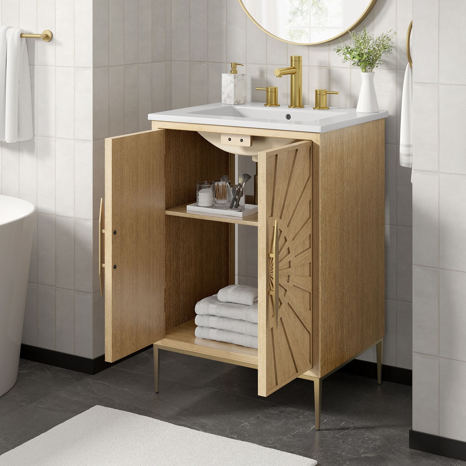 Modway Awaken 24″ Bathroom Vanity in Oak White With Ceramic Sink Basin