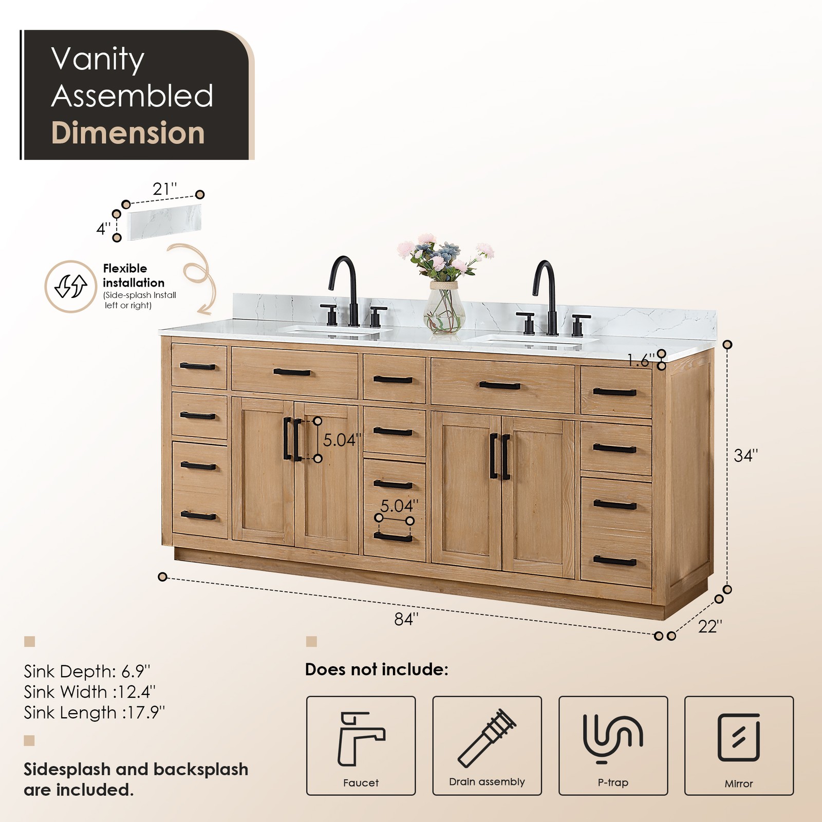 Gavino 84″ Wood Vanity in Light Brown with Composite Stone Top no Mirror