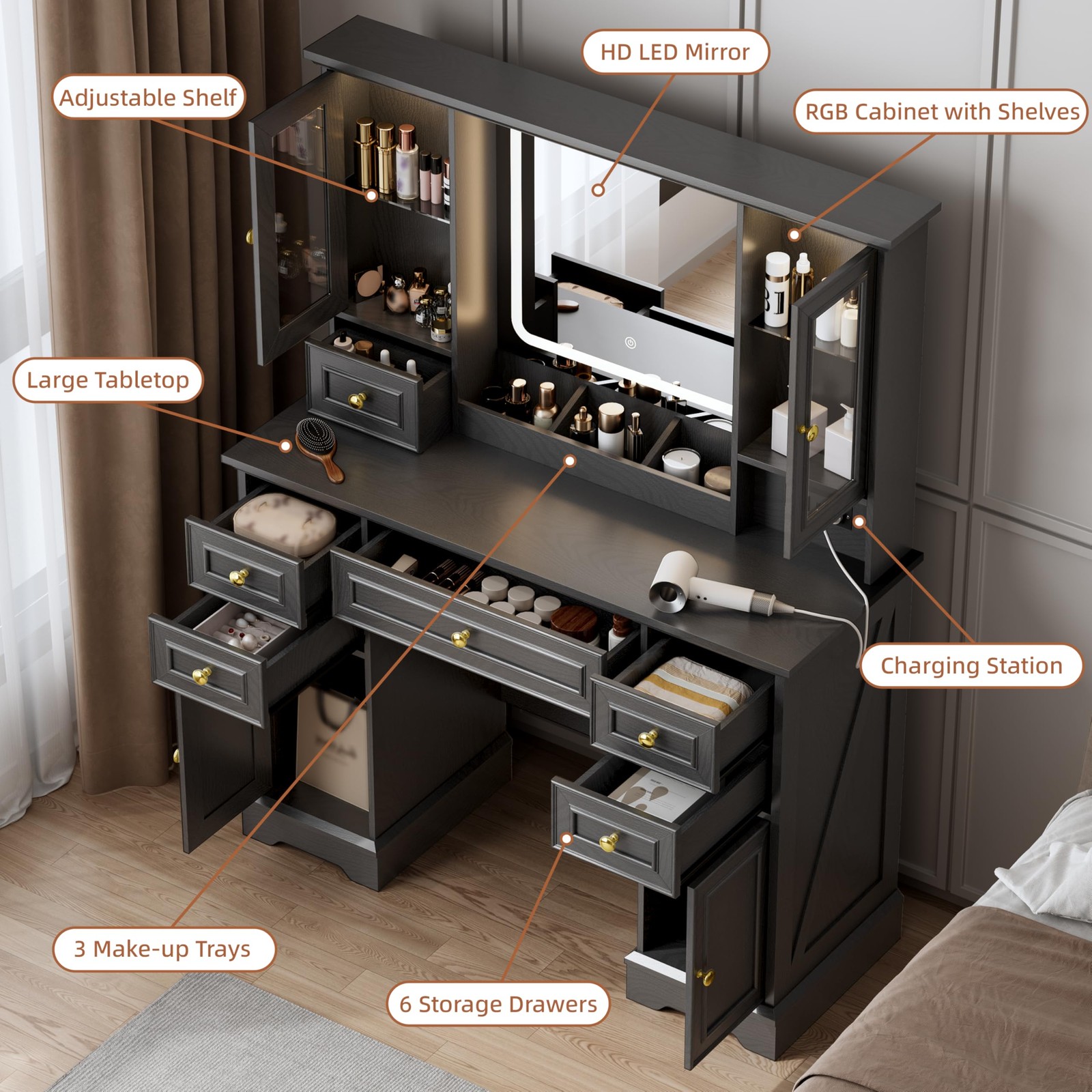 Vanity Desk Mirror Lights Power Outlet USB 6 Drawers 4 Cabinets 3Color Dimmable