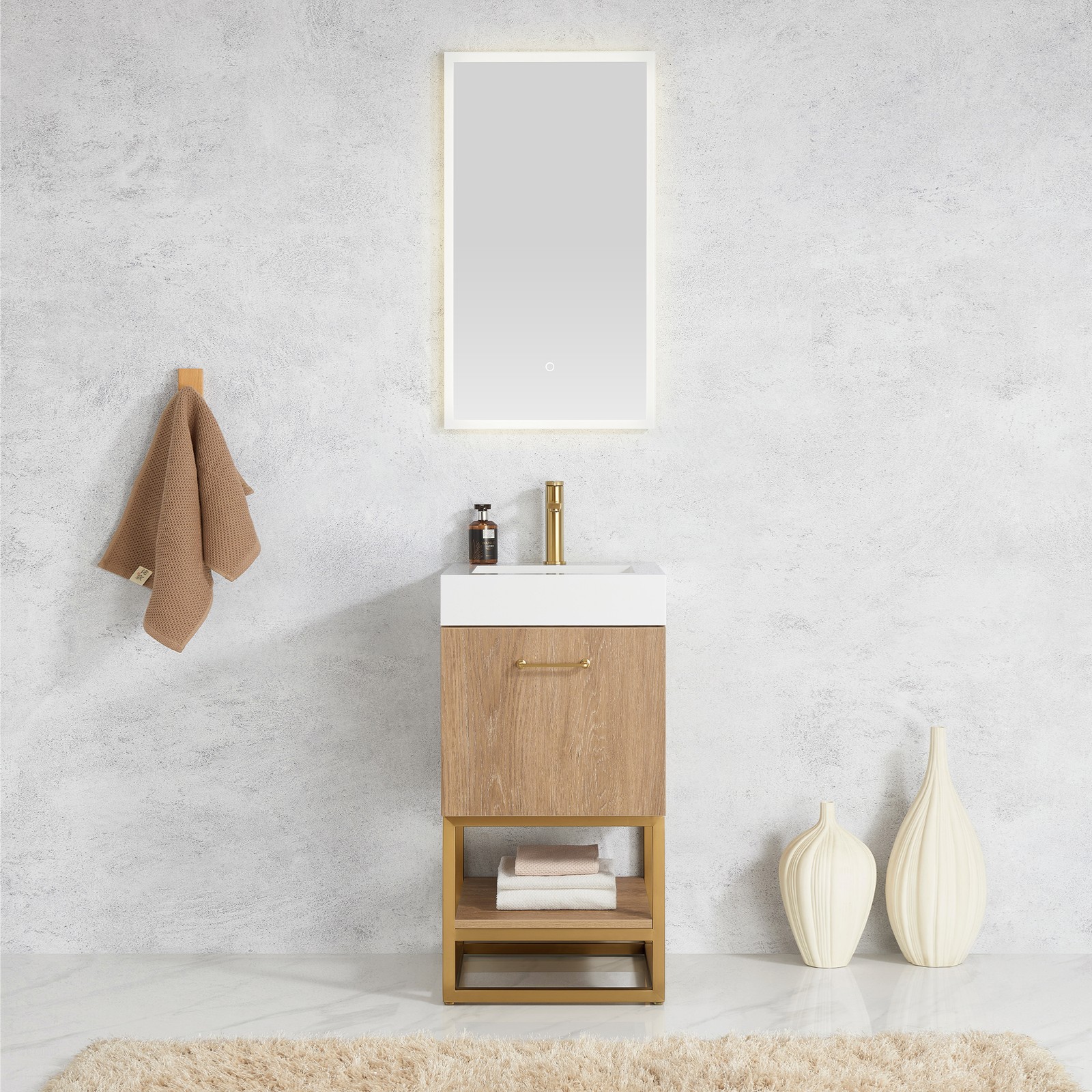 Vinnova Alistair 18″ White Stone Top Single Vanity in Oak without Mirror