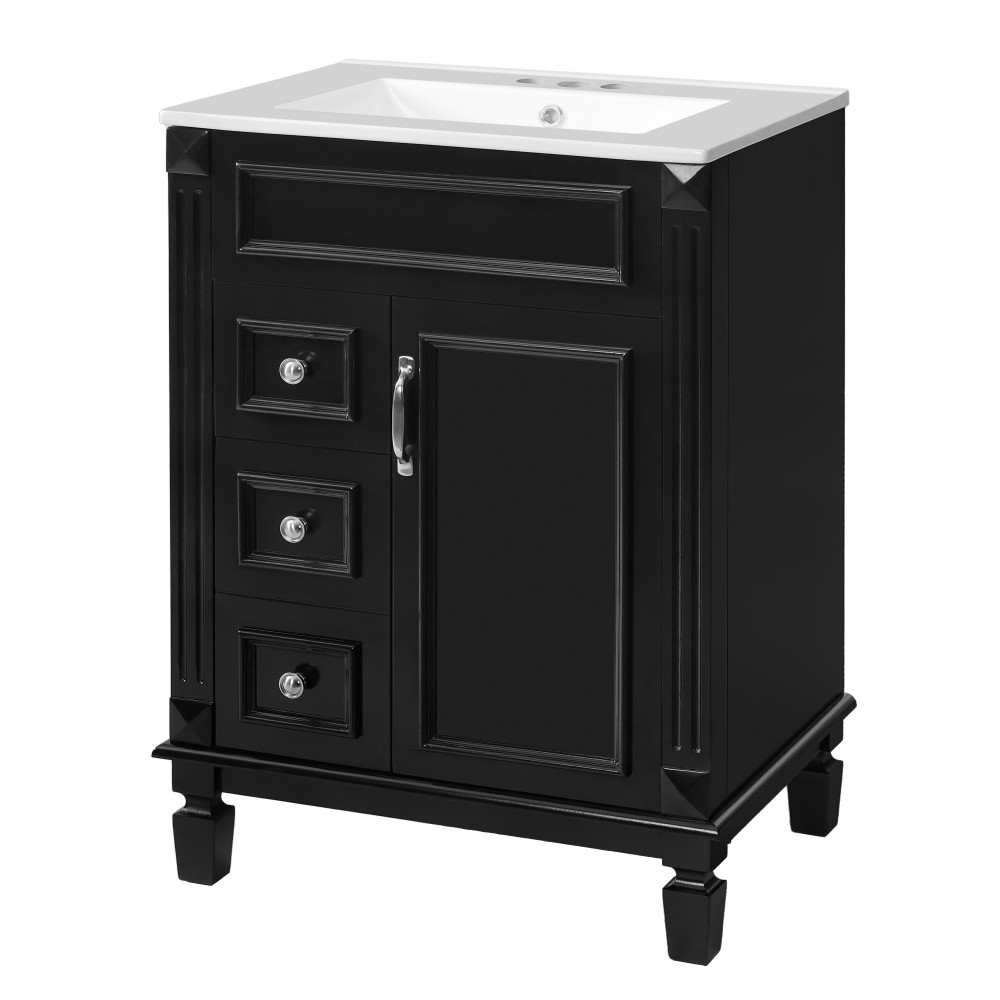 Bathroom vanity W ceramic sink Features two drawers Includes adjustable shelves