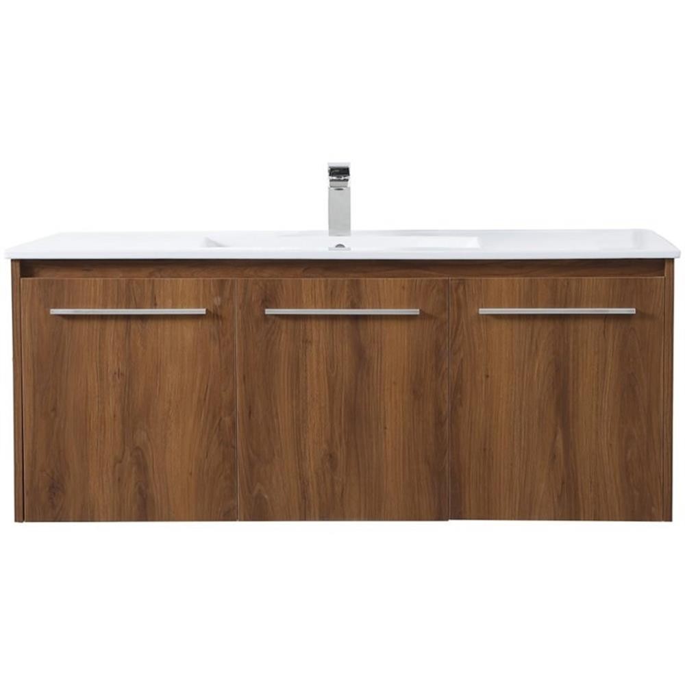 Pemberly Row 48″ Single Porcelain Top Floating Bathroom Vanity in Walnut