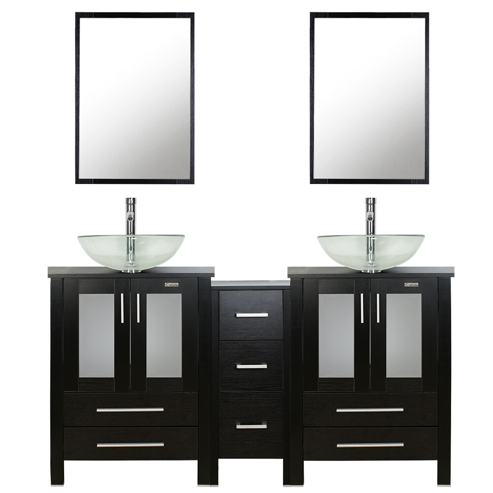 60″ Black Bathroom Vanity Set Glass Vessel Sink Small Cabinet Combo No Mirror