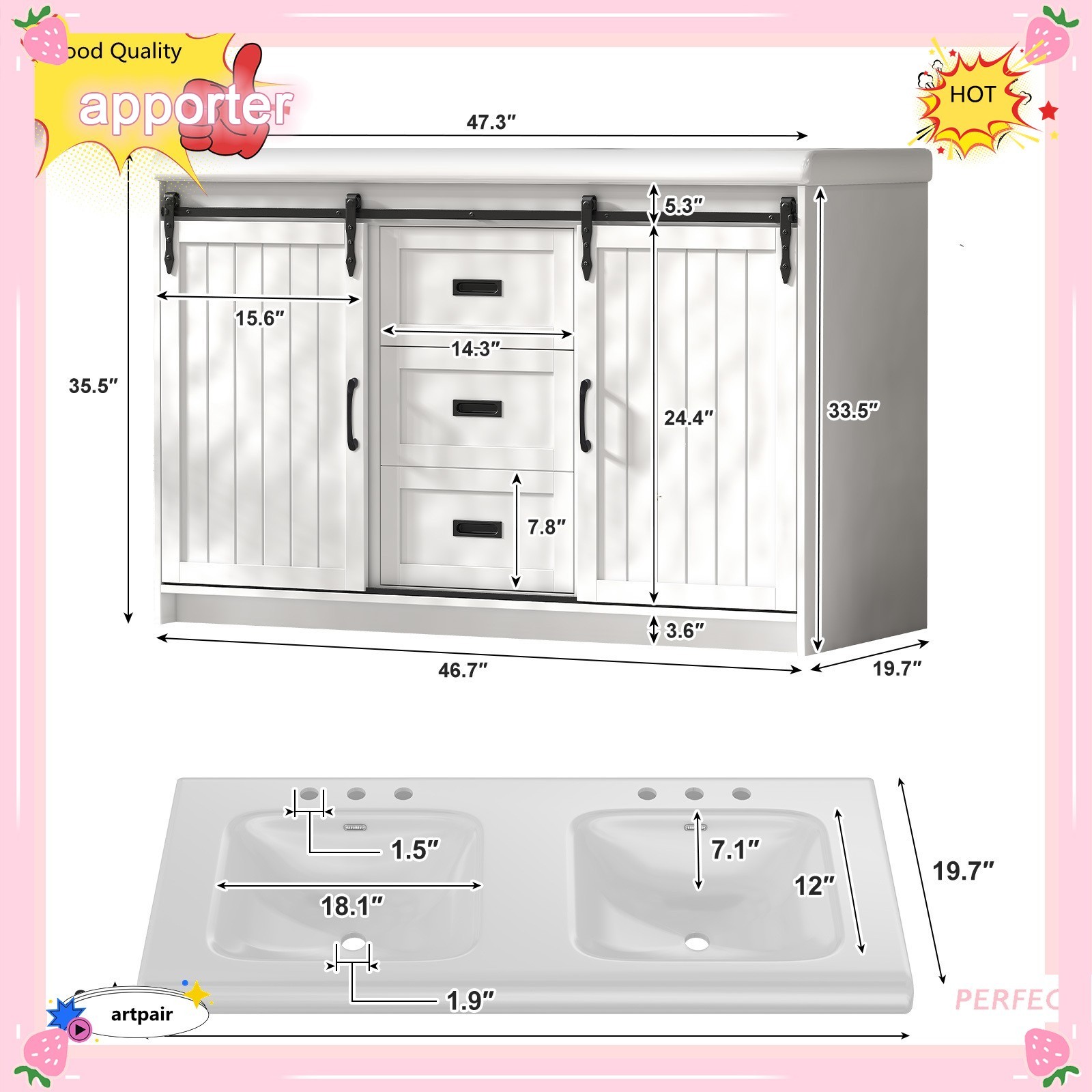 47″ Bathroom Vanity Cabinet Freestanding Storage Compartment + 2 Ceramic Sink