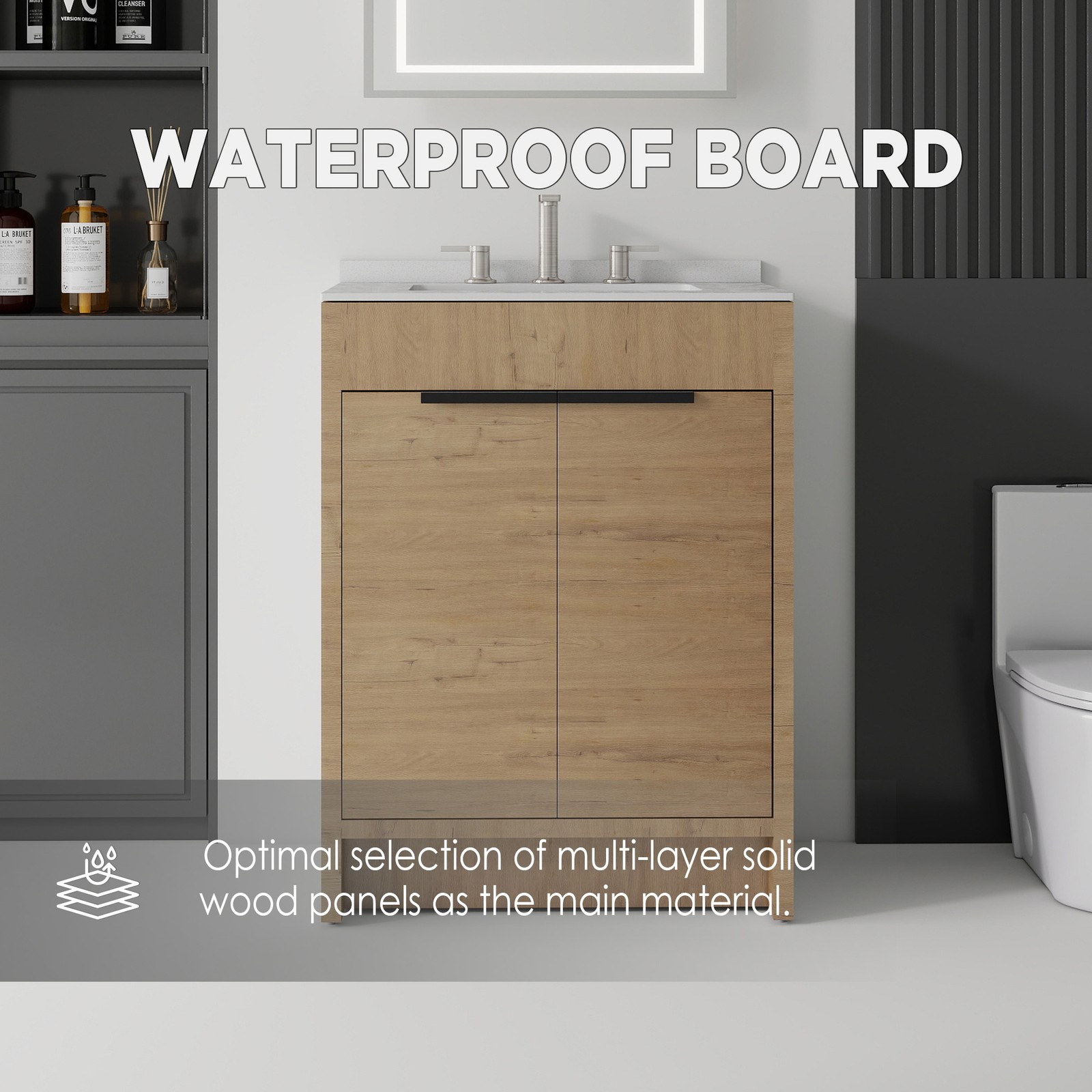 24″ Freestanding Bathroom Vanity with Sink, Soft-Close Door, White Marble Top