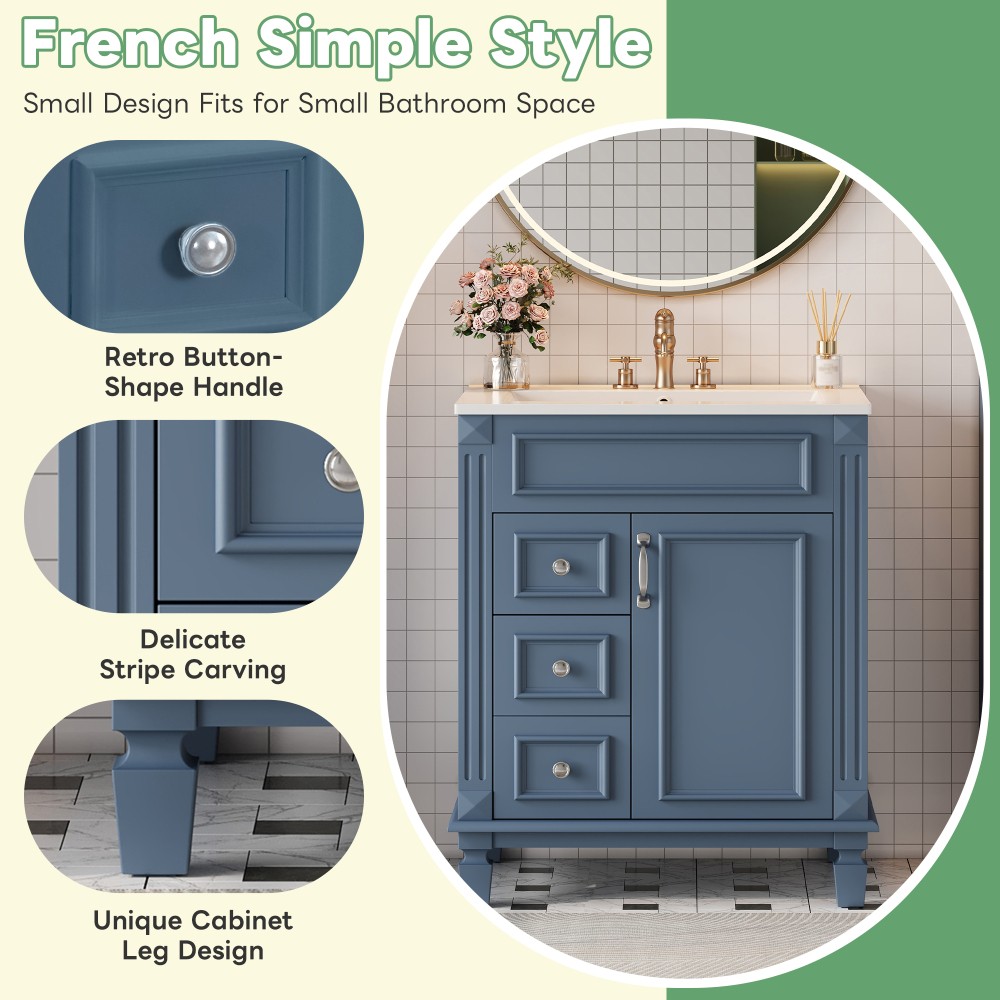 24 Inch Modern Blue Bathroom Vanity with Ceramic Sink Solid Wood MDF Cabinet