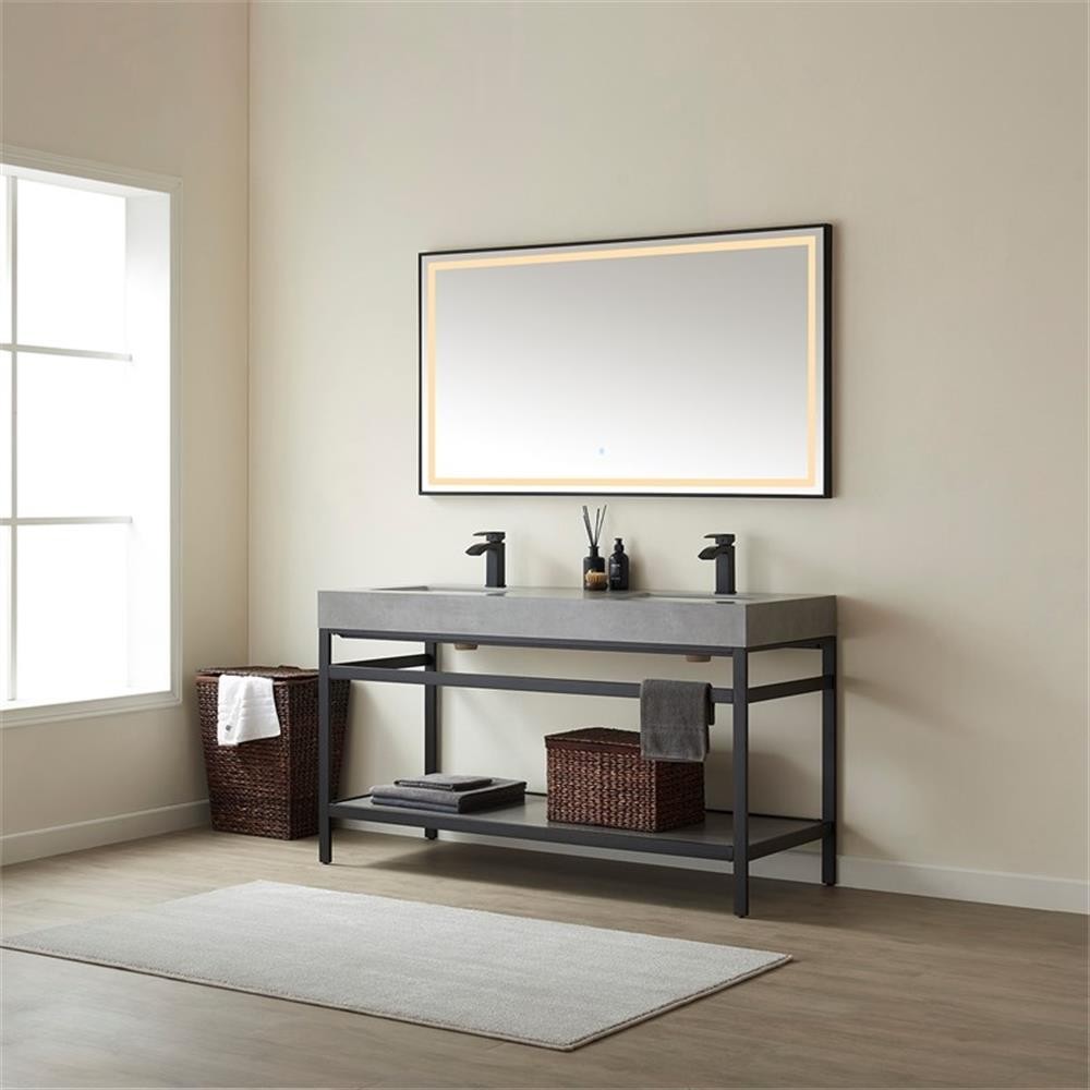 Funes 60″ Double Sink Bathroom Vanity in Matte Black Frame Gray Top w/ Mirror