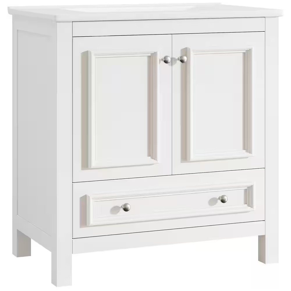 30 In. Single Sink Freestanding White Bath Vanity with White Ceramic Top Unassem