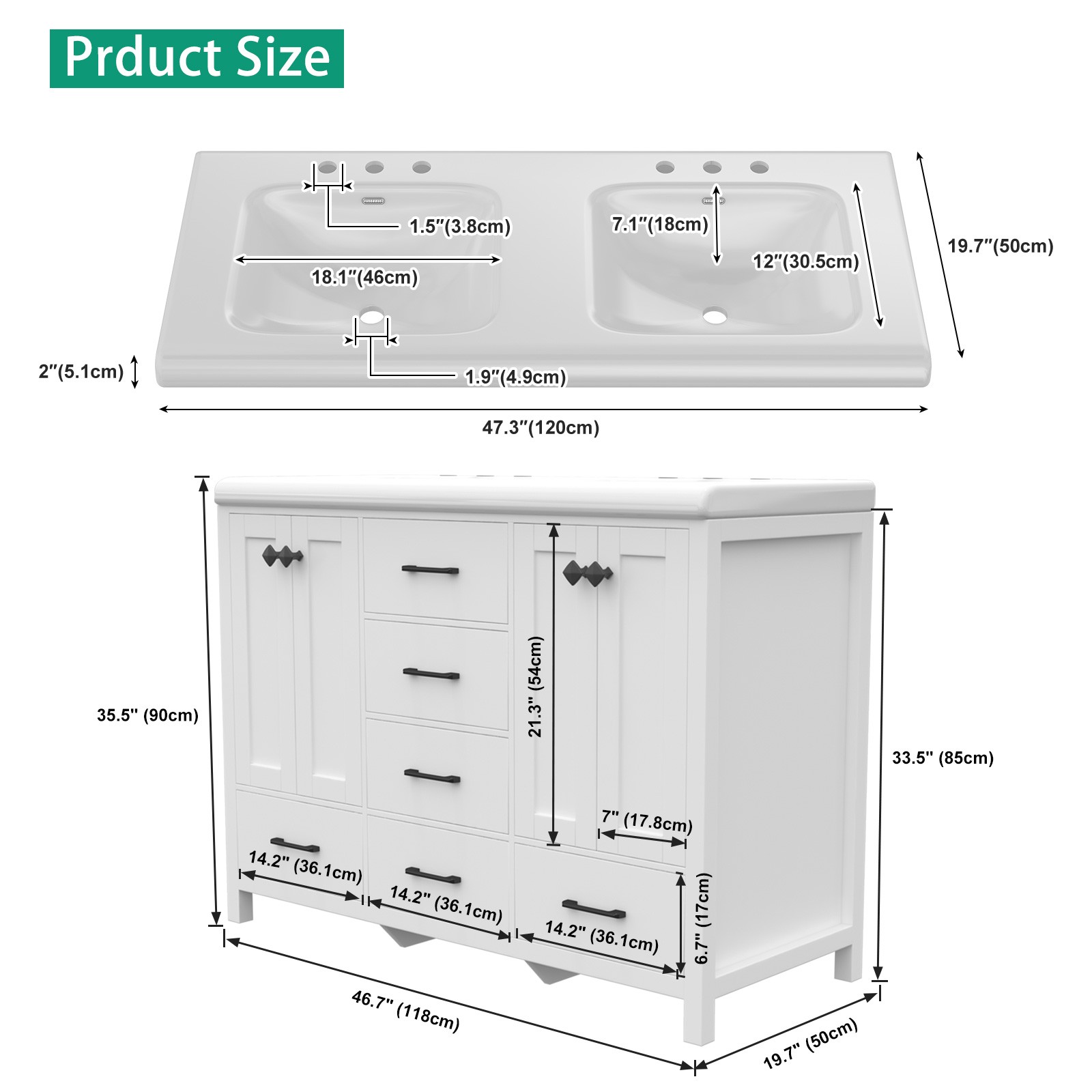 47″ White Bathroom Vanity Storage Cabinet with Double Ceramic Sink Freestanding