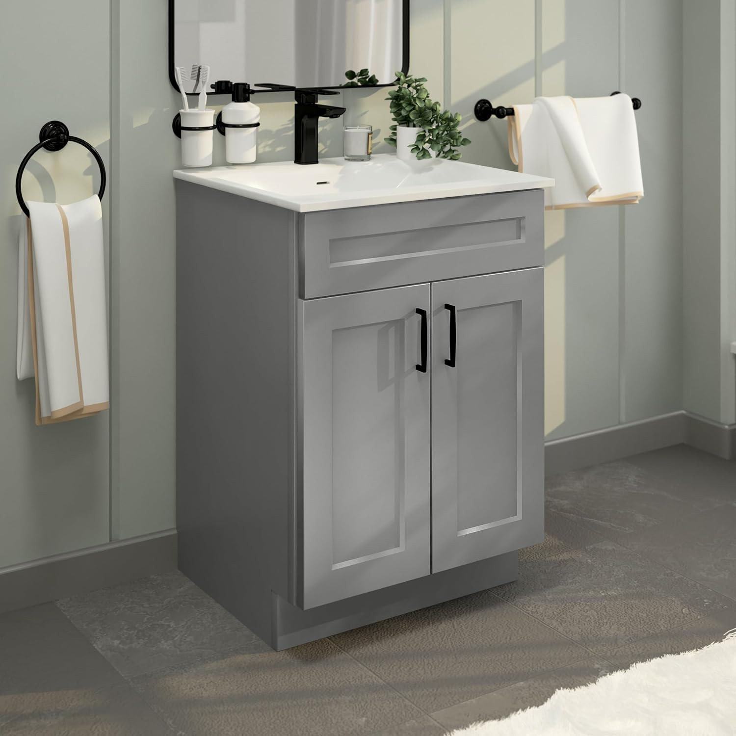 Light Grey 24″ Shaker Bathroom Vanity Sink Base – Ready to Assemble