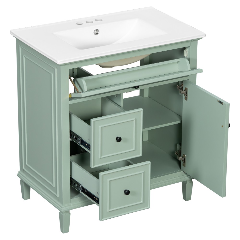 30″ Green Bathroom Vanity with Ceramic Sink Solid Wood MDF Cabinet