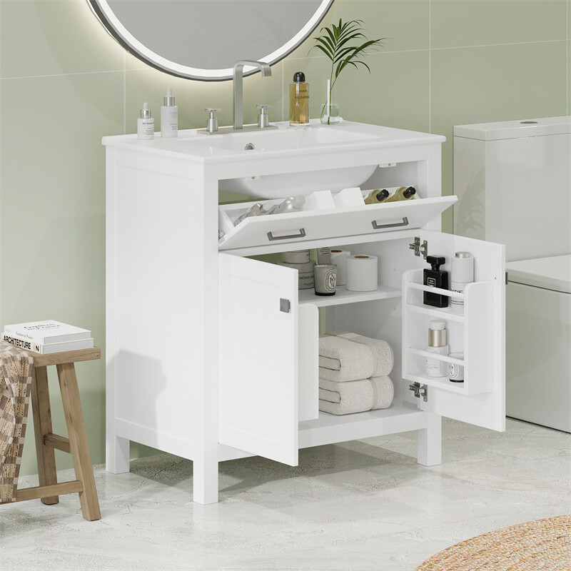 30-inch White Bathroom Vanity w/Ceramic Sink,Soft Close Doors & Flip-out Drawer