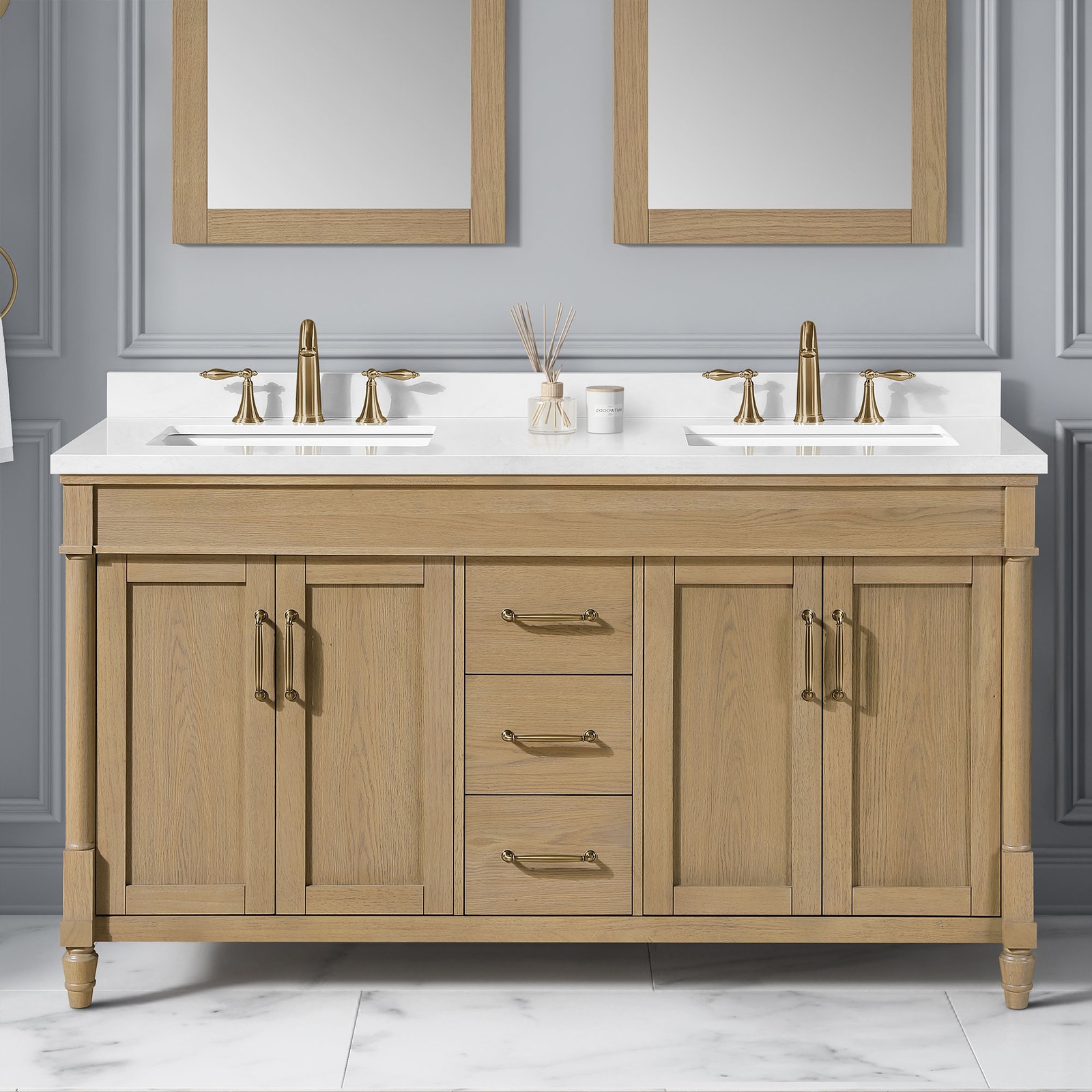 Salisbury 60″ Natural Birch Bathroom Vanity with White Countertop