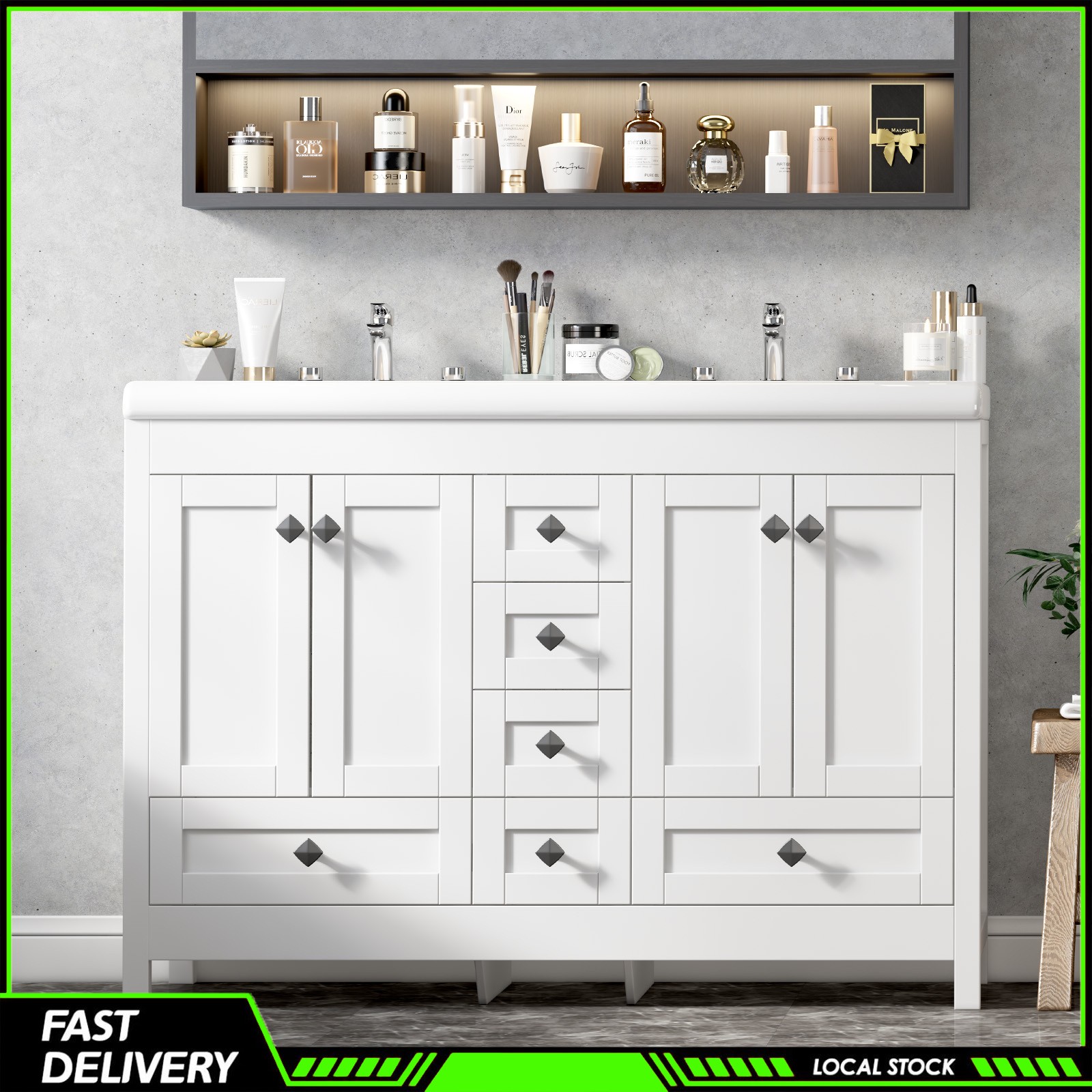 47″ White Bathroom Vanity Double Ceramic Sinks Freestanding Cabinet w/ 5 Drawers