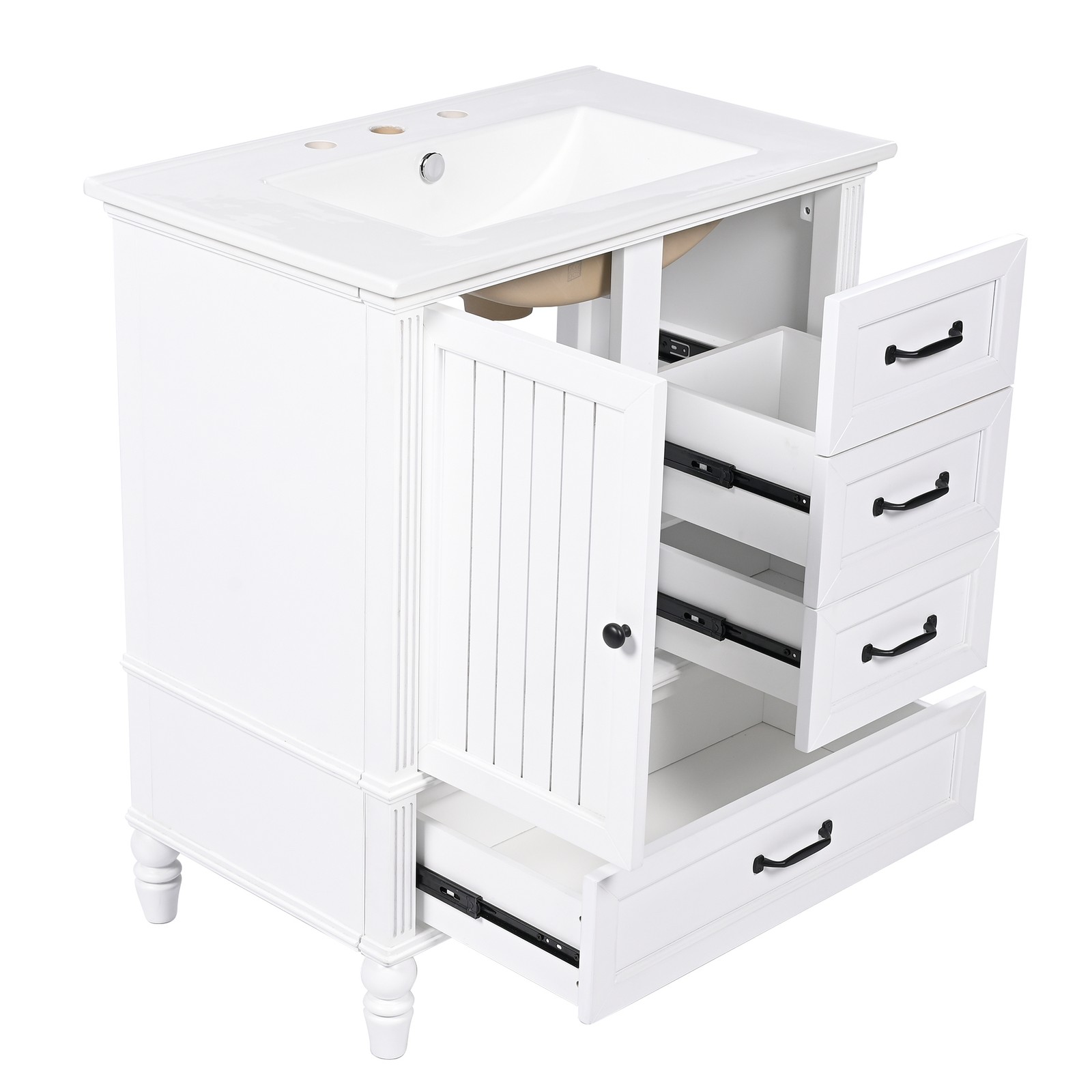 30″ Bathroom Vanity with Sink, Bathroom Cabinet with A Door, Three Drawers White