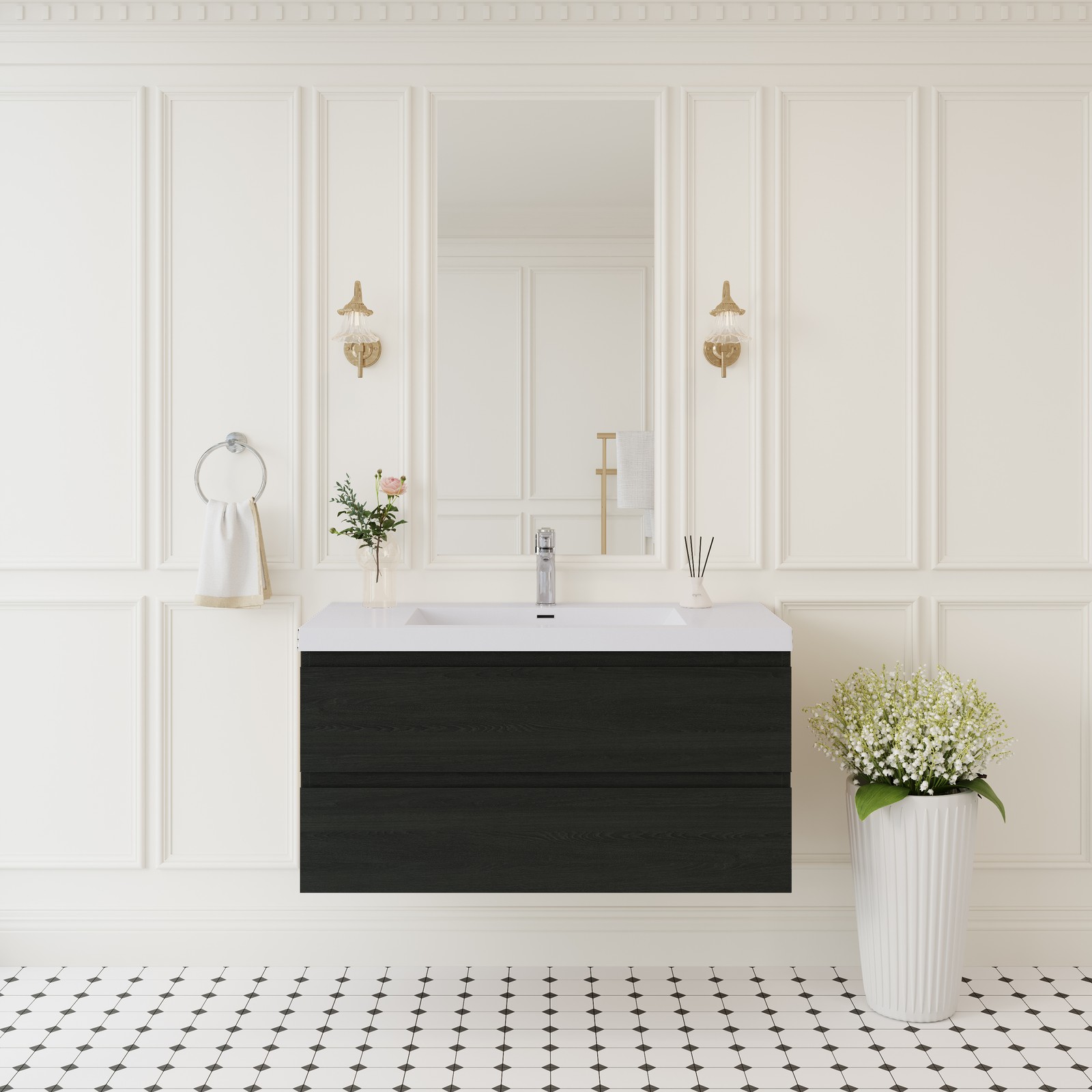 42″Floating Wall-Mounted Bathroom Vanity W/Sink Solid Surface Top Basin Espresso