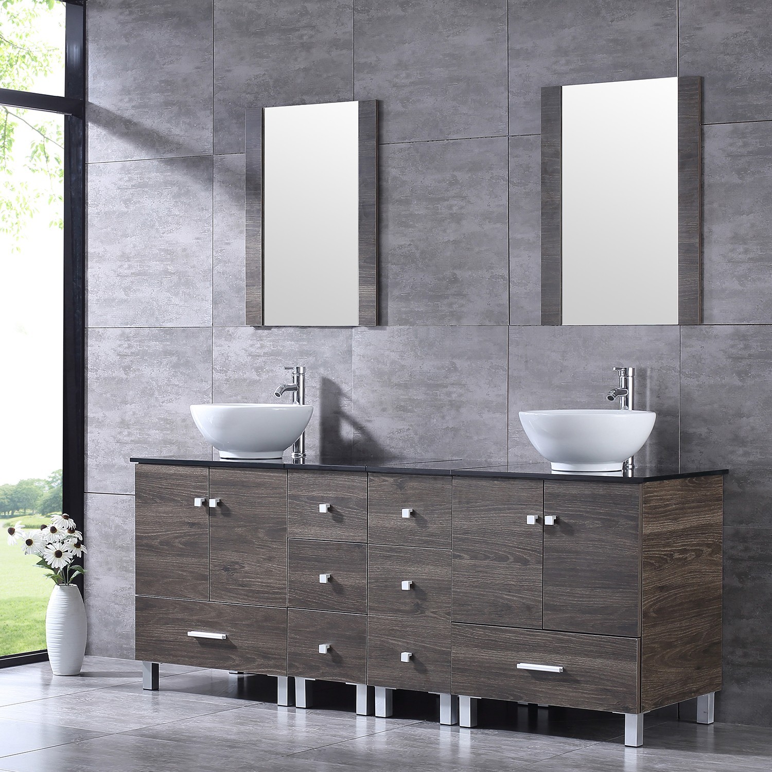 72 inch Double Sink Bathroom Vanity Cabinet Ceramic Vessel Sink w/Mirror Faucet