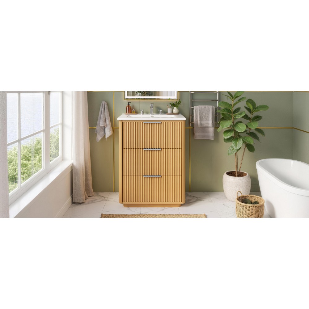 24 inch Modern Luxury Bathroom Vanity with Ceramic Sink, Open Shelf and Storage