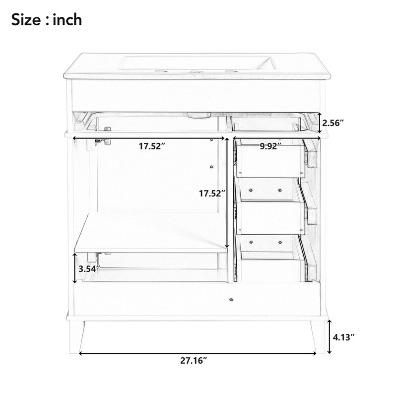30″ Black Bathroom Vanity with Ceramic Sink,Adjustable Shelf & 3 Storage Drawer