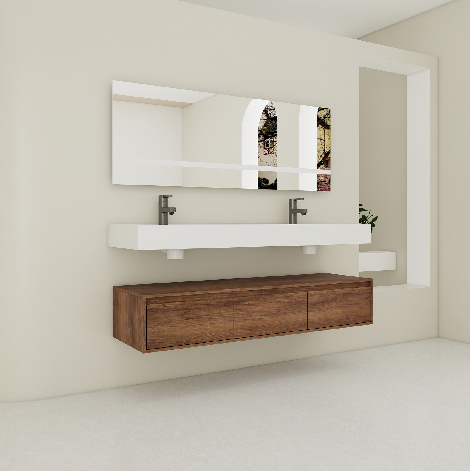 60 in Wooden Floating Wall-Mounted Bathroom Vanity W/Double Resin Sink Drawers