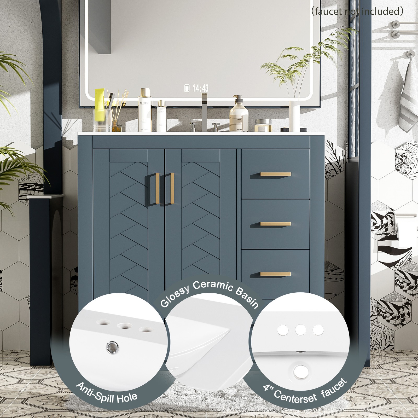 36″ Bathroom Vanity with Ceramic Sink, Solid Wood Frame, 3 Drawers & Doors
