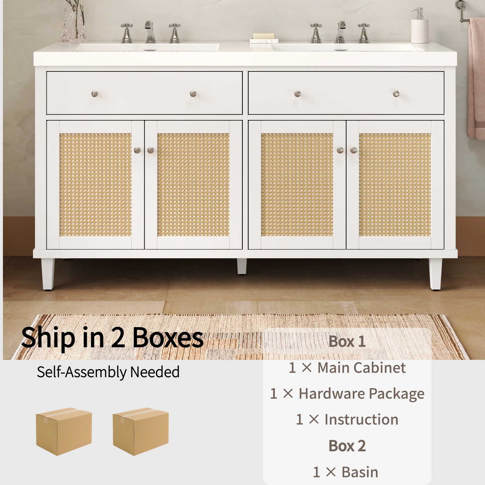 60” Bathroom Vanity with Double Sink with 2 Tip-Out Trays / Flip-Out Drawers