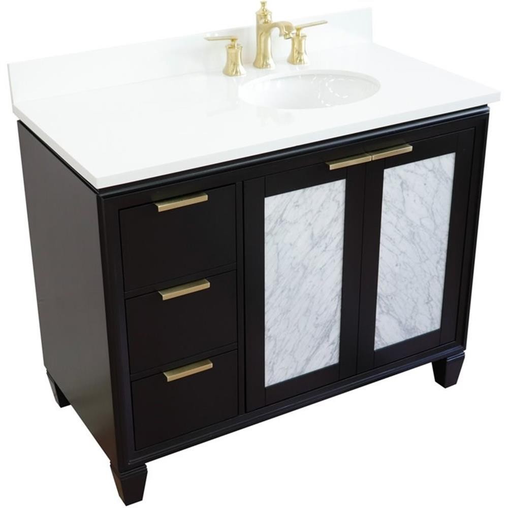 Pemberly Row 43″ Solid Wood Vanity w/ Right Oval Sink in Blue/White Quartz Stone