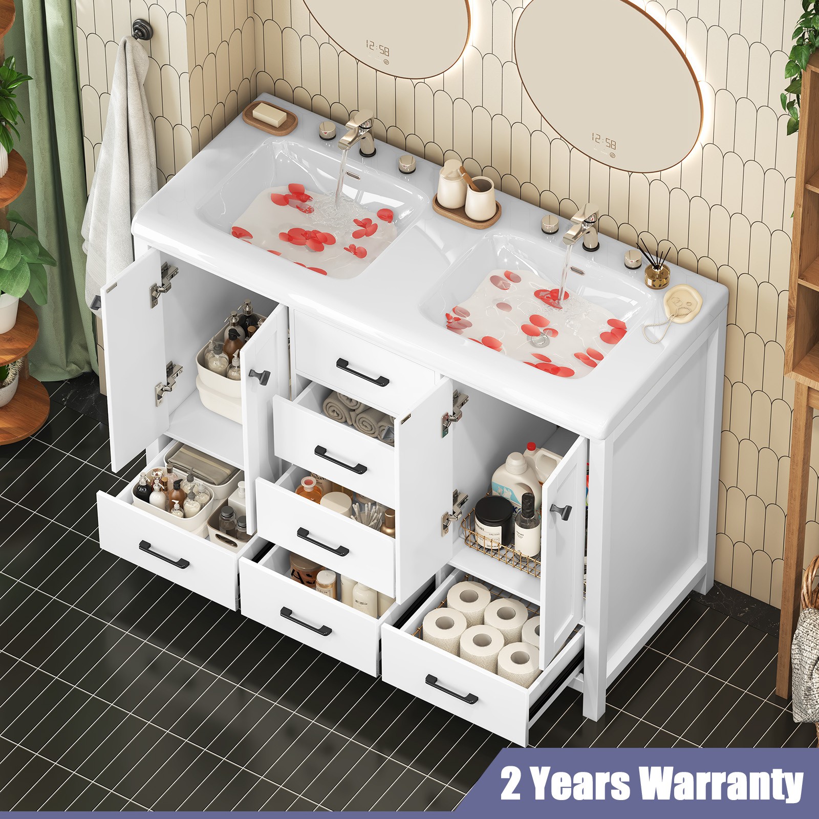 47.3″ Bathroom Vanity Freestanding Double-Basin Ceramic Sink Cabinet Wash Basin
