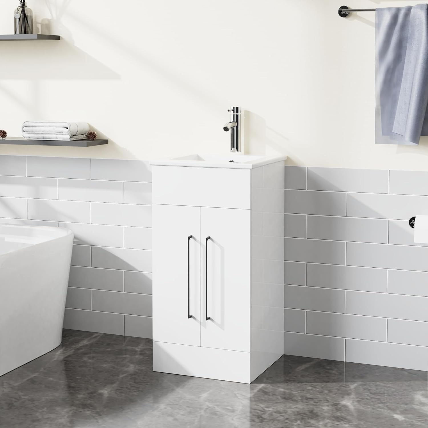 16 inch Washbasin Bathroom/Kitchen Vanity & Sink , Freestanding Modern White,