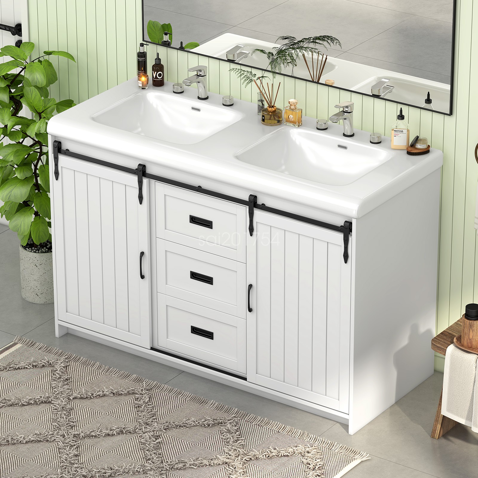 Bathroom Vanity Freestanding Ceramic Sink Cabinet With 2 Doors and 2 Drawers US