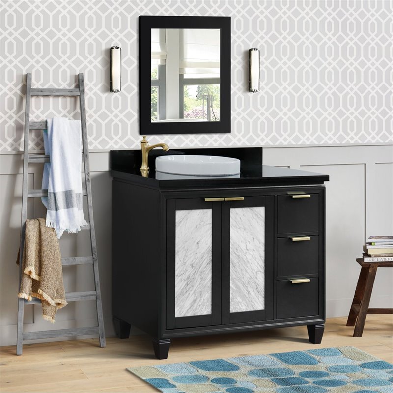 Trento 43″ Solid Wood Vanity with Left Round Sink in Gray/Black Galaxy
